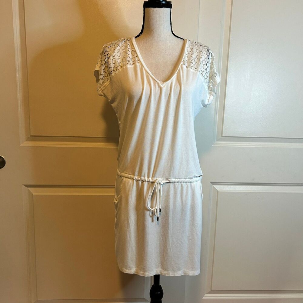 🟢 Calvin Klein Swimwear White Lace Sleeve Swim Cover Up One Size Fits Most